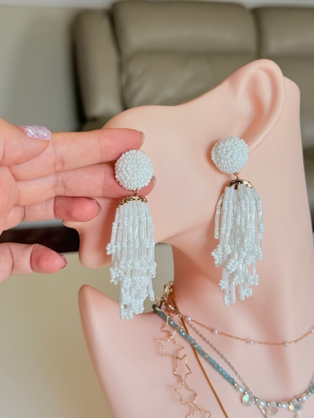 White Beaded Tassel Drop Earrings - Picture 8 of 12
